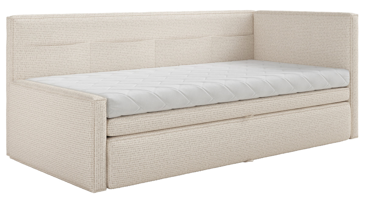 Jugendbett 90x200 cm Nesmi rechtsseitig mit Stauraum hellbeige Flechtoptik
