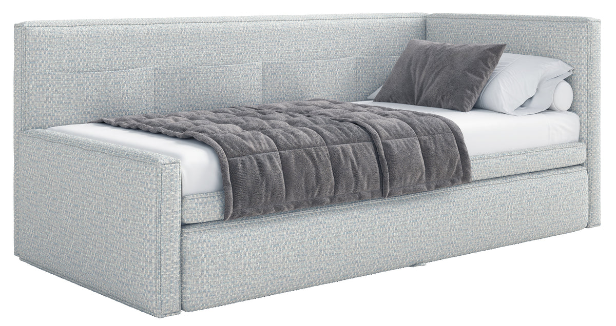 Jugendbett 90x200 cm Nesmi links mit Matratze und Stauraum hellblau Flechtmuster