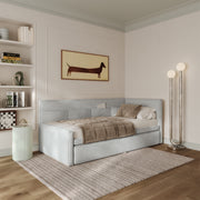 Jugendbett 90x200 cm Nesmi rechtsseitig mit Stauraum hellblau Flechtmuster