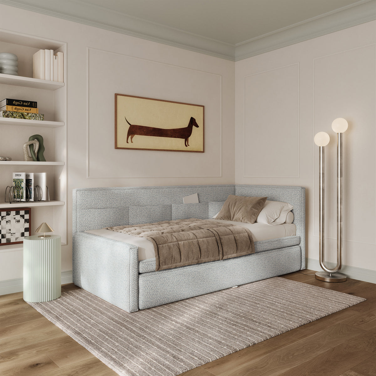 Jugendbett 90x200 cm Nesmi rechtsseitig mit Stauraum hellblau Flechtmuster