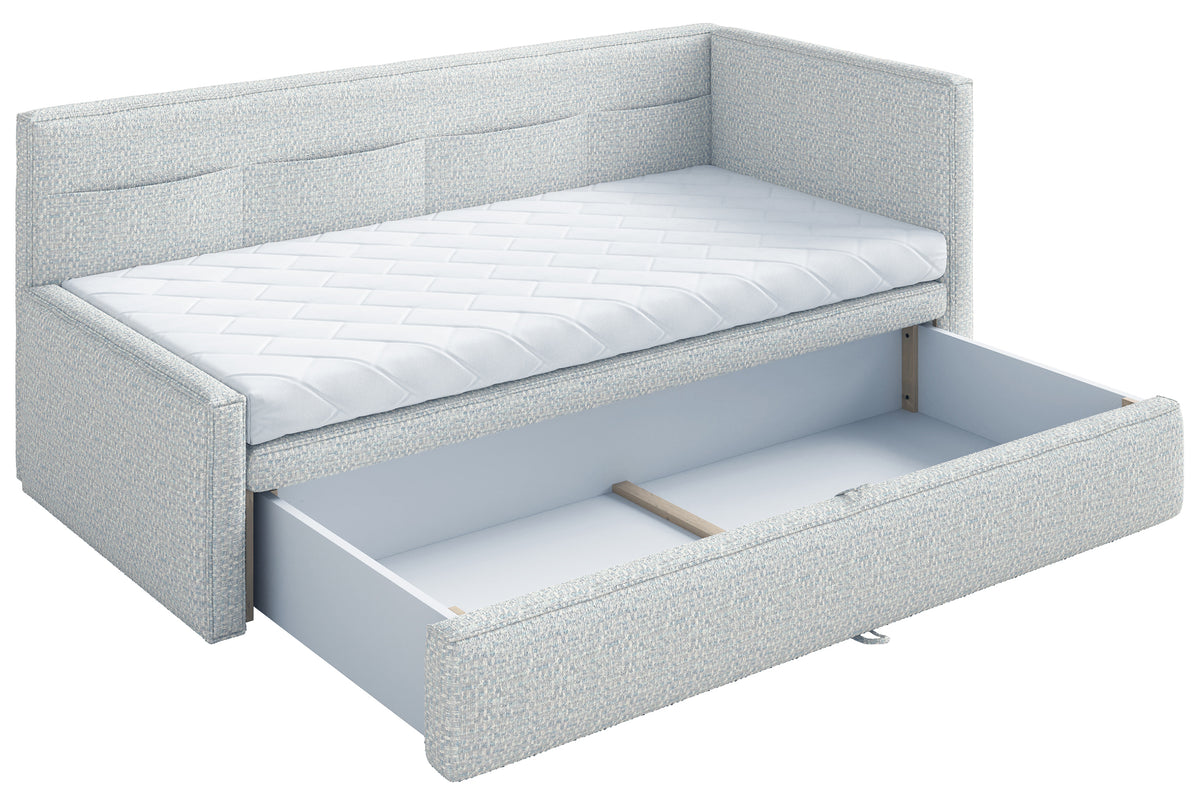 Jugendbett 90x200 cm Nesmi rechtsseitig mit Stauraum hellblau Flechtmuster