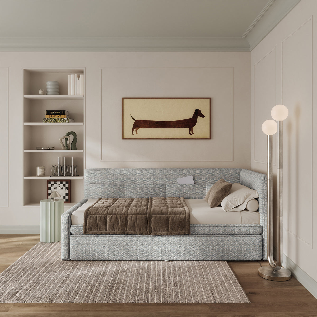 Jugendbett 90x200 cm Nesmi rechtsseitig mit Stauraum hellblau Flechtmuster