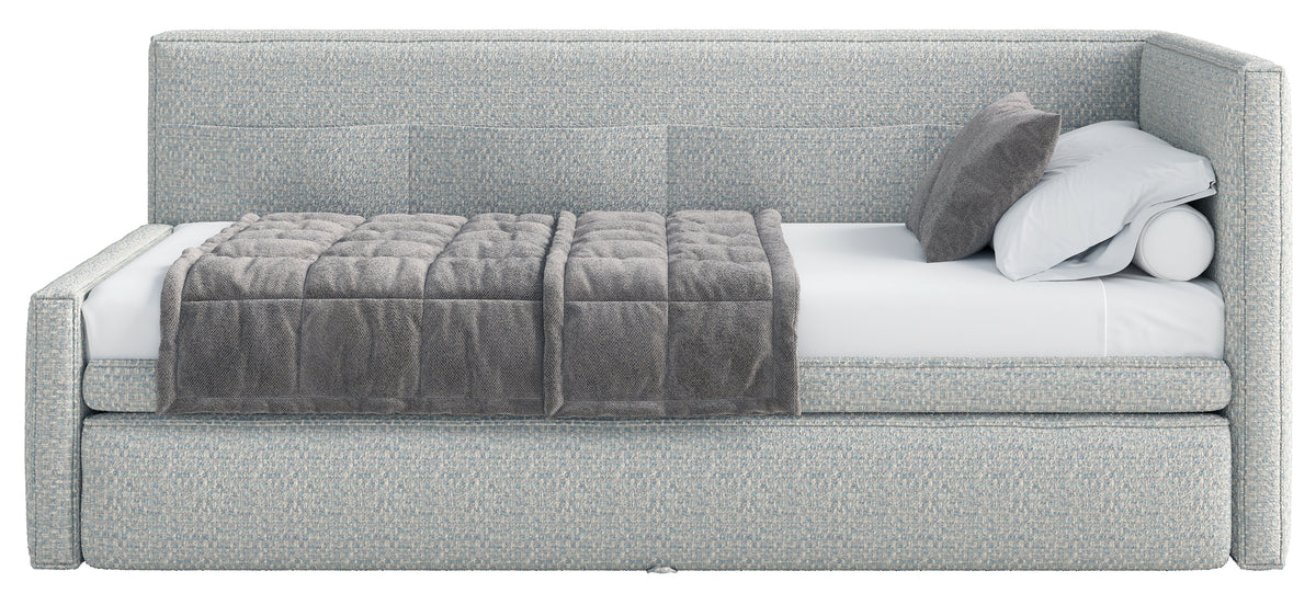 Jugendbett 90x200 cm Nesmi rechtsseitig mit Stauraum hellblau Flechtmuster