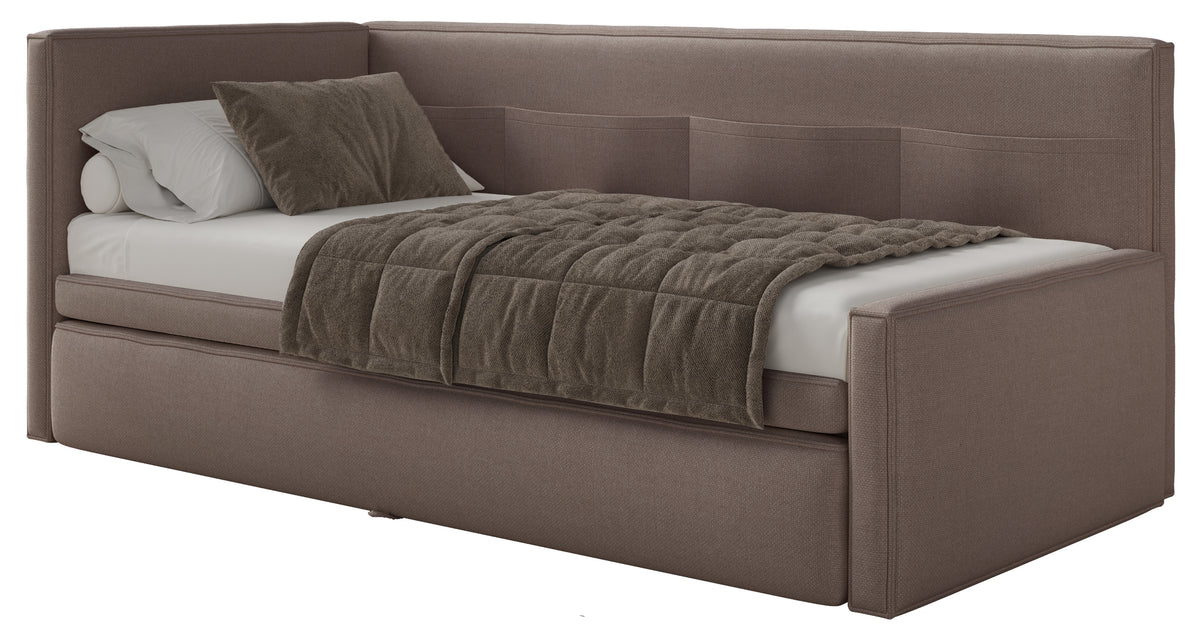 Jugendbett 90x200 cm Nesmi linksseitig mit Stauraum hellbrauner Chenille, pflegeleicht