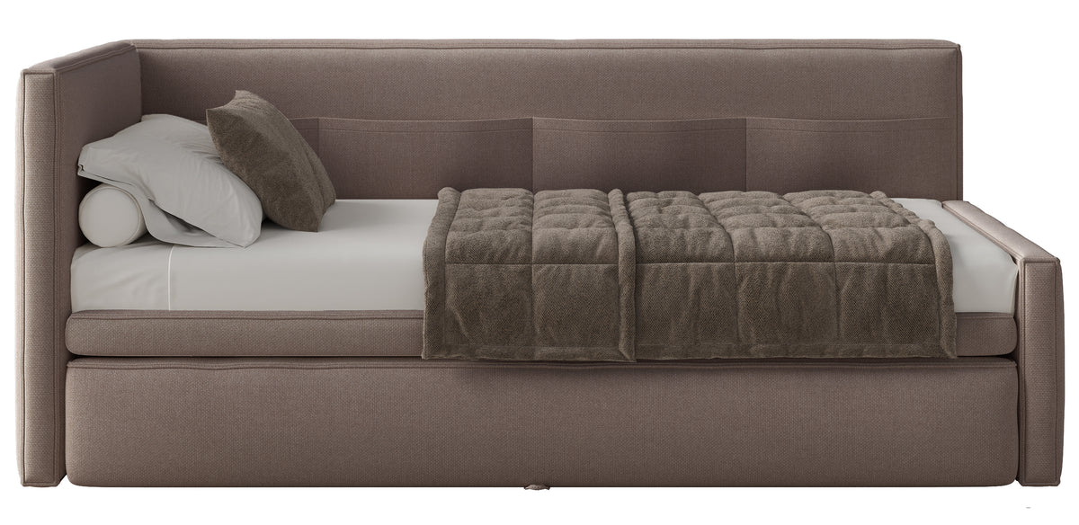 Jugendbett 90x200 cm Nesmi linksseitig mit Stauraum hellbrauner Chenille, pflegeleicht
