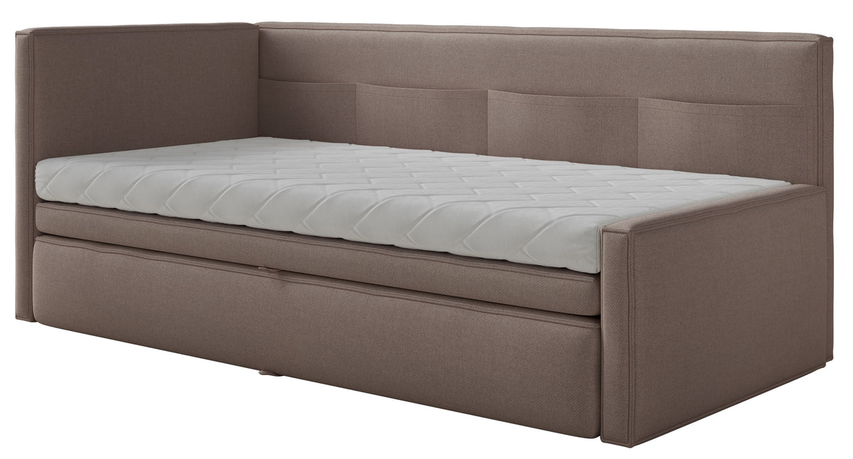 Jugendbett 90x200 cm Nesmi linksseitig mit Stauraum hellbrauner Chenille, pflegeleicht