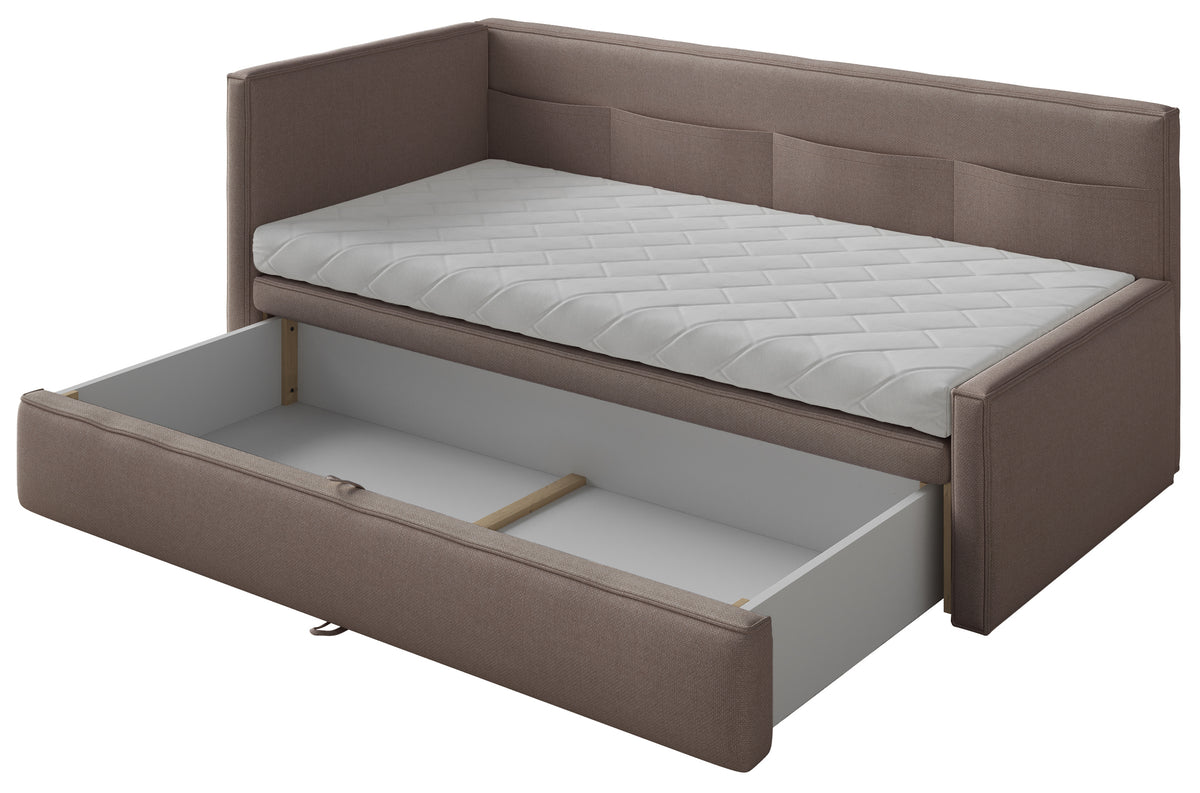 Jugendbett 90x200 cm Nesmi linksseitig mit Stauraum hellbrauner Chenille, pflegeleicht