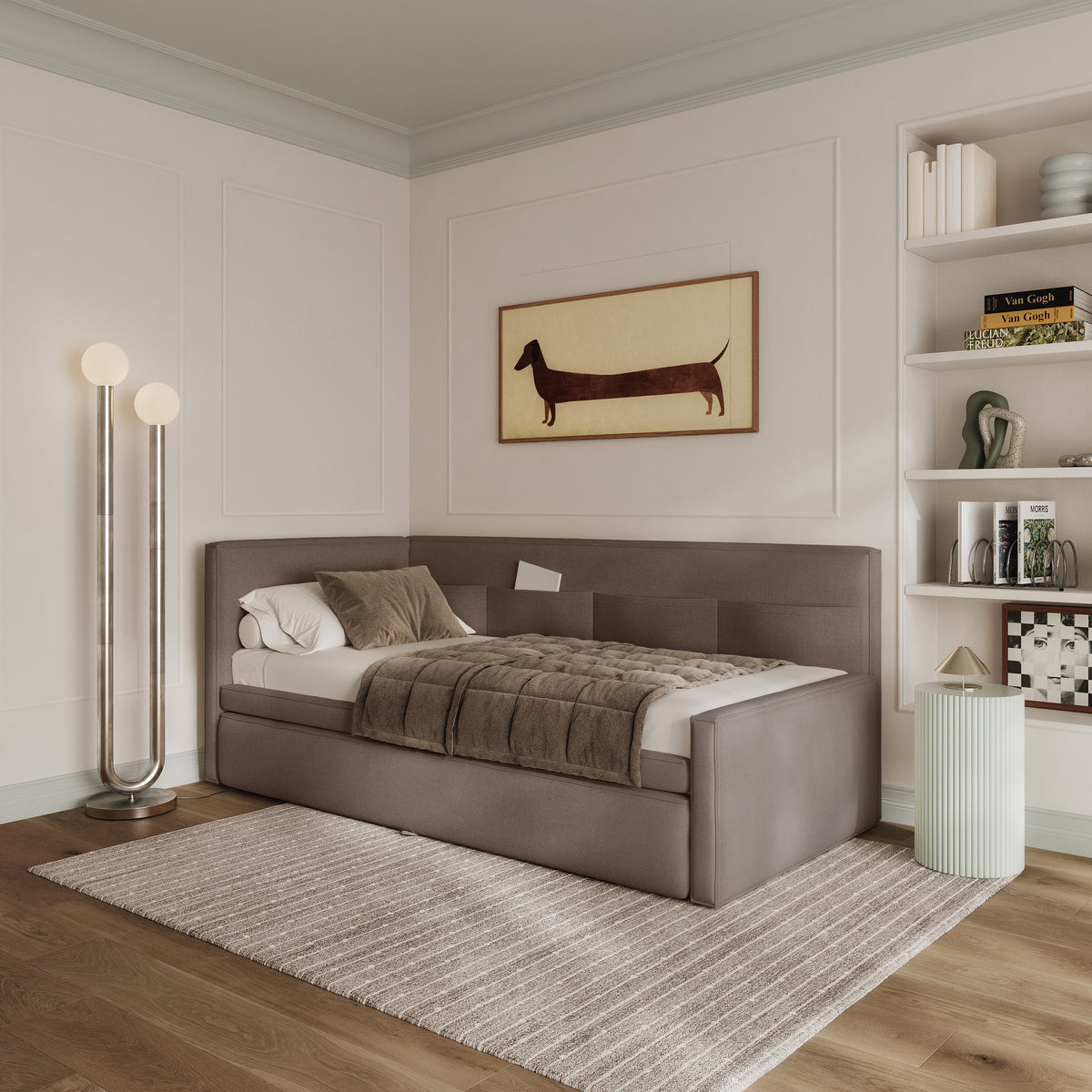 Jugendbett 90x200 cm Nesmi linksseitig mit Stauraum hellbrauner Chenille, pflegeleicht