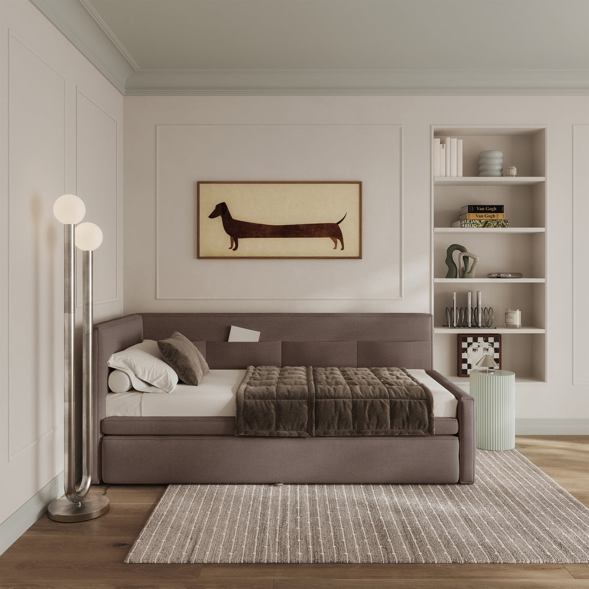 Jugendbett 90x200 cm Nesmi linksseitig mit Stauraum hellbrauner Chenille, pflegeleicht