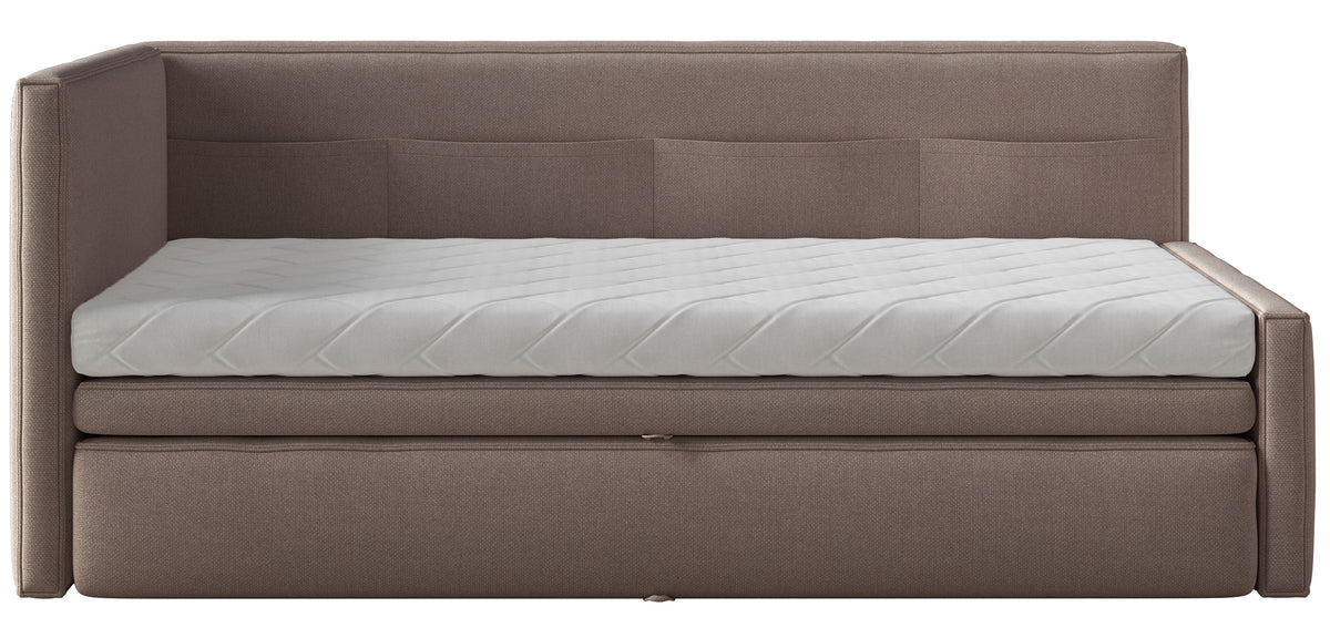 Jugendbett 90x200 cm Nesmi linksseitig mit Stauraum hellbrauner Chenille, pflegeleicht
