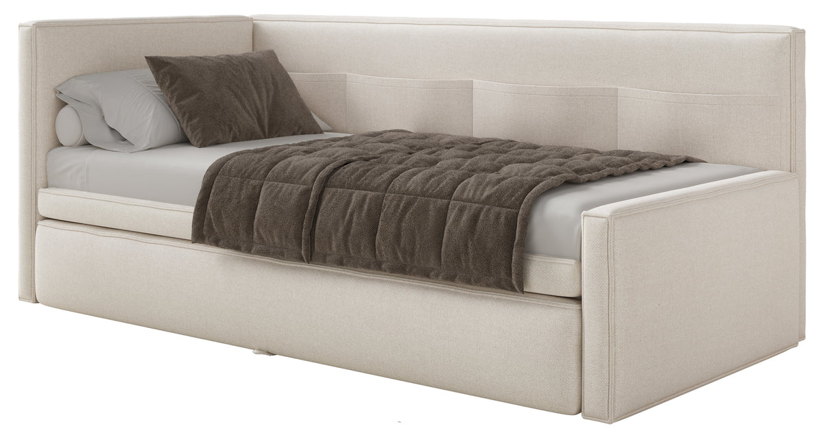 Jugendbett 90x200 cm Nesmi linksseitig mit Stauraum, cremefarben, pflegeleichter Chenille