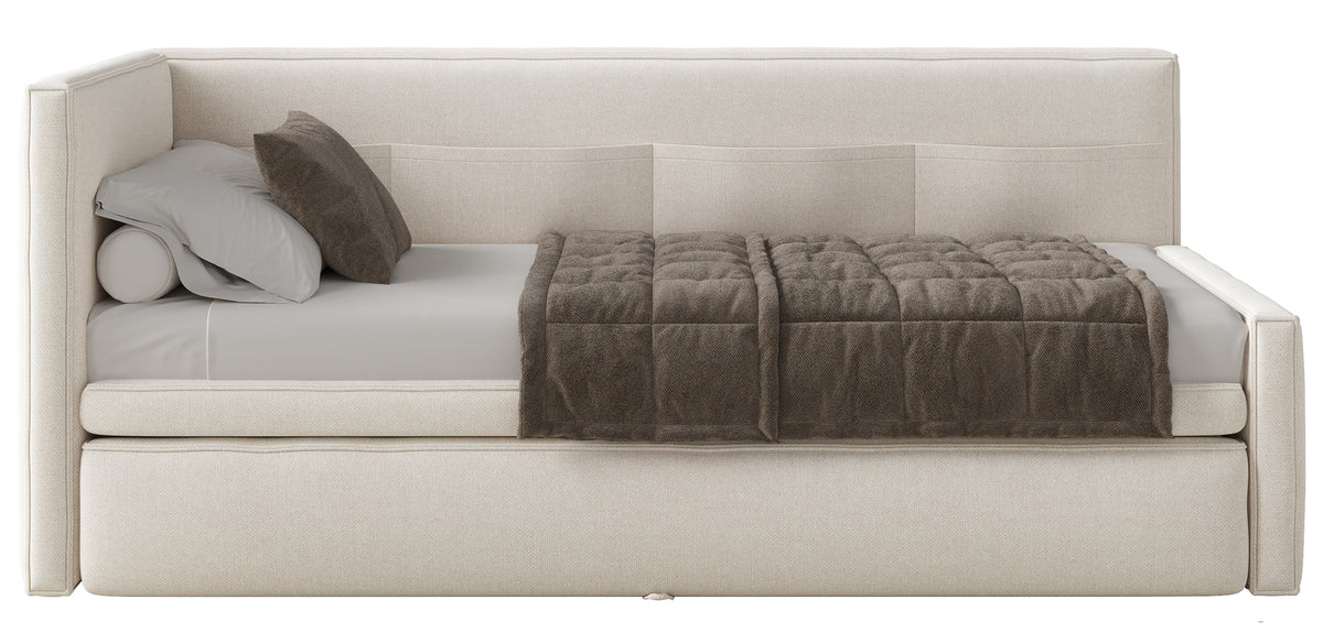 Jugendbett 90x200 cm Nesmi linksseitig mit Stauraum, cremefarben, pflegeleichter Chenille