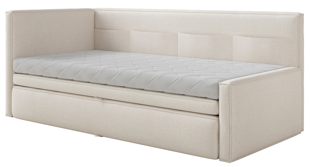 Jugendbett 90x200 cm Nesmi linksseitig mit Stauraum, cremefarben, pflegeleichter Chenille