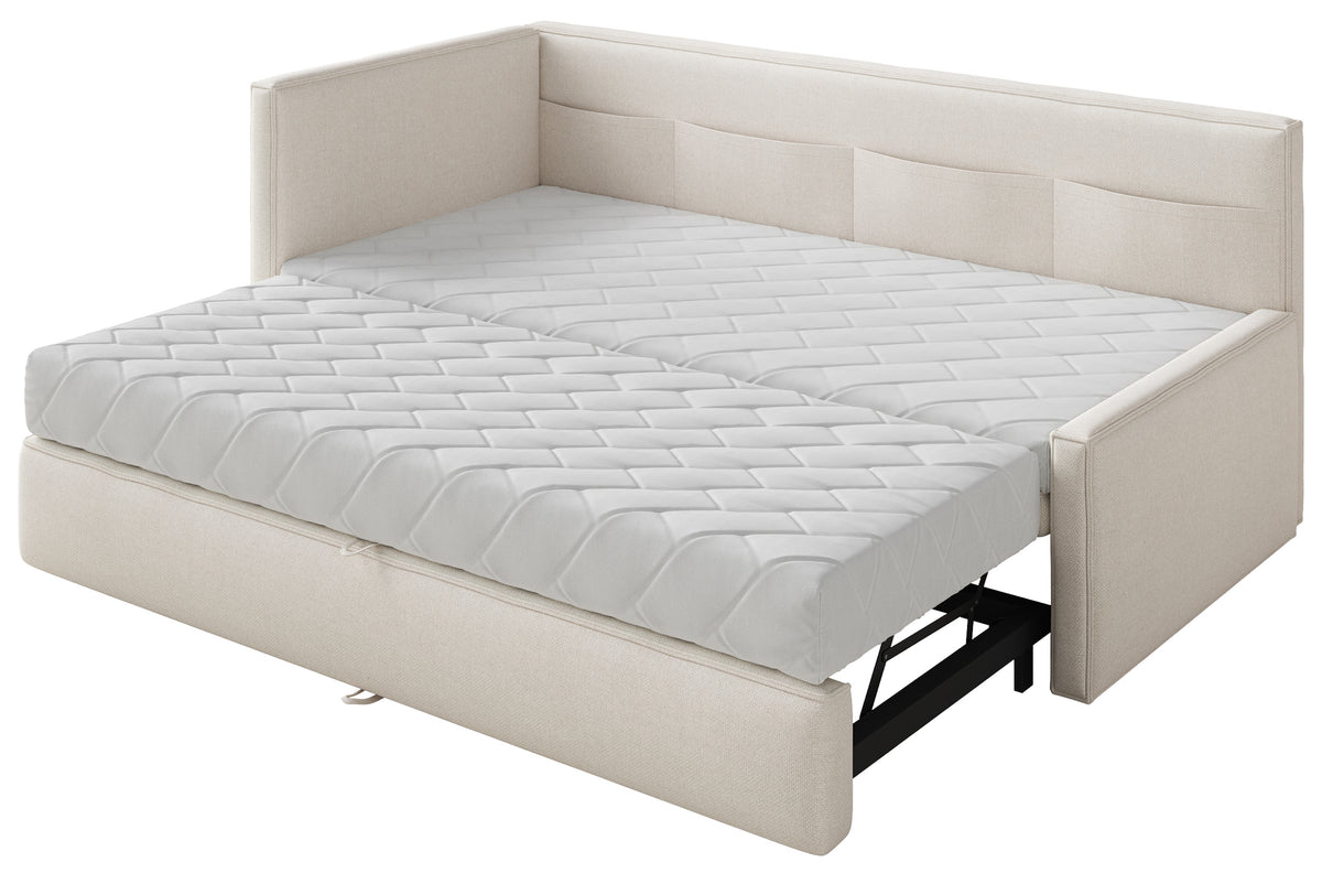 Jugendbett 90x200 cm Nesmi, ausziehbar, linksseitig, mit Matratzen, cremefarben, pflegeleichter Chenille