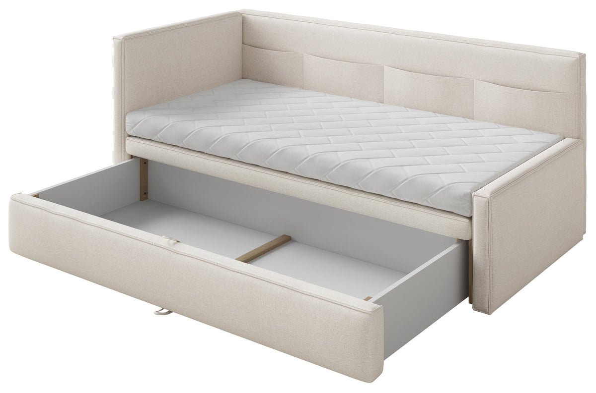 Jugendbett 90x200 cm Nesmi linksseitig mit Stauraum, cremefarben, pflegeleichter Chenille