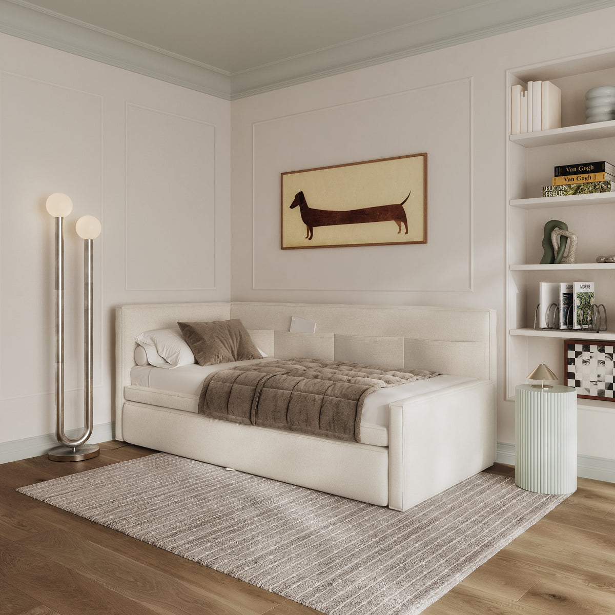 Jugendbett 90x200 cm Nesmi linksseitig mit Stauraum, cremefarben, pflegeleichter Chenille