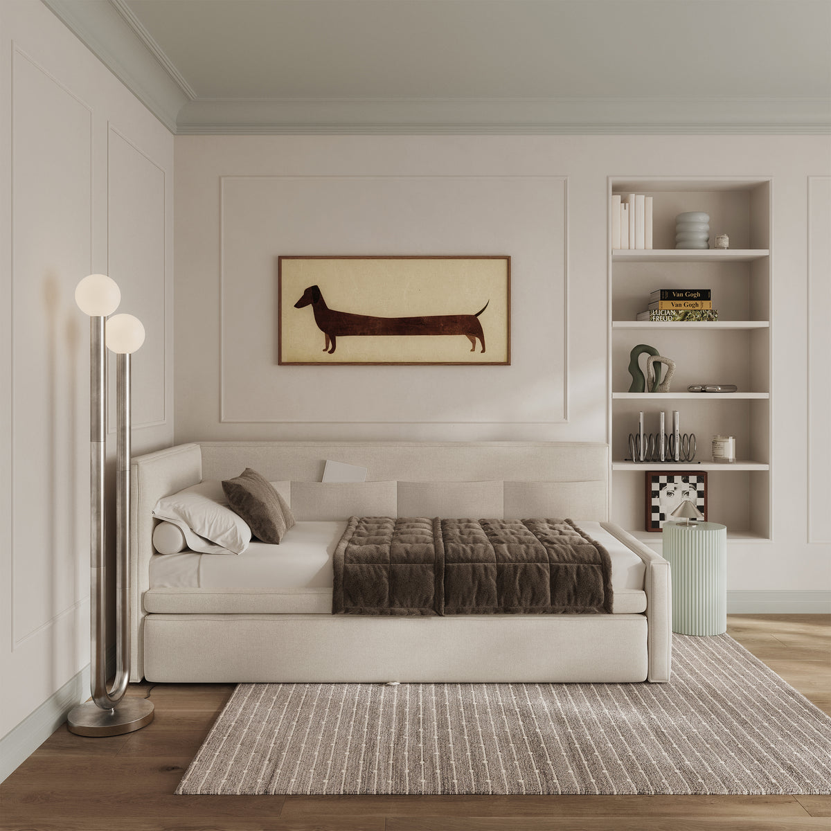 Jugendbett 90x200 cm Nesmi linksseitig mit Stauraum, cremefarben, pflegeleichter Chenille