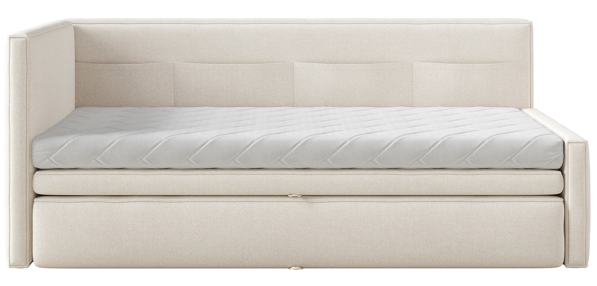 Jugendbett 90x200 cm Nesmi linksseitig mit Stauraum, cremefarben, pflegeleichter Chenille