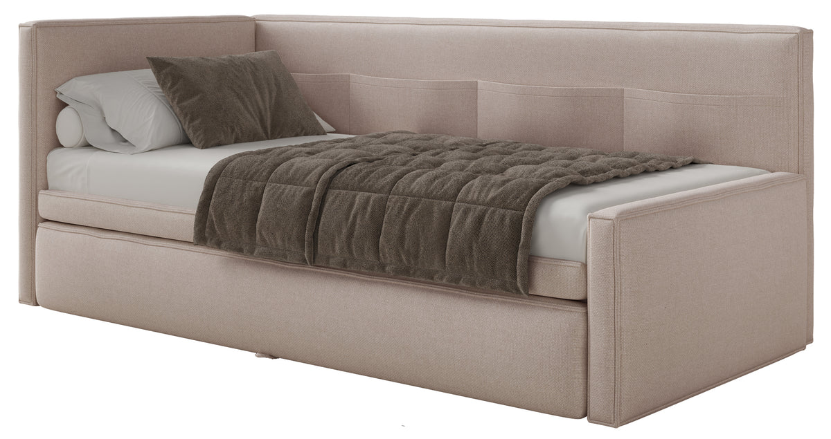 Jugendbett 90x200 cm Nesmi linksseitig mit Stauraum, beige Chenille, pflegeleicht