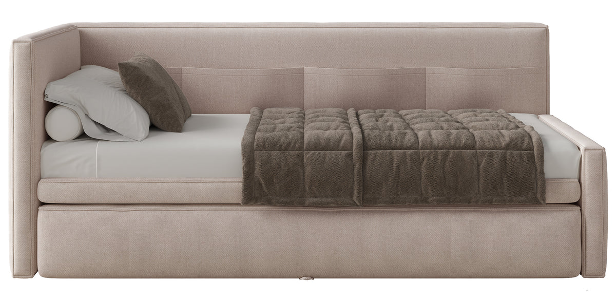 Jugendbett 90x200 cm Nesmi linksseitig mit Stauraum, beige Chenille, pflegeleicht
