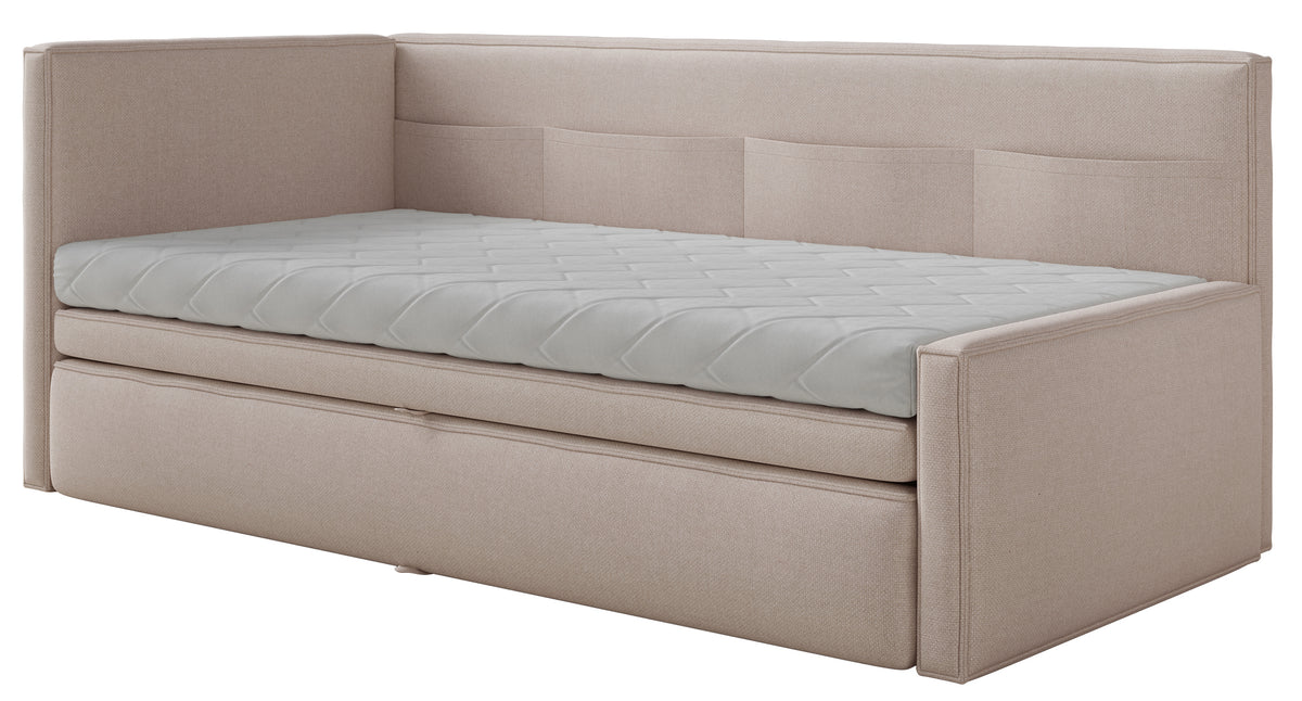Jugendbett 90x200 cm Nesmi linksseitig mit Stauraum, beige Chenille, pflegeleicht