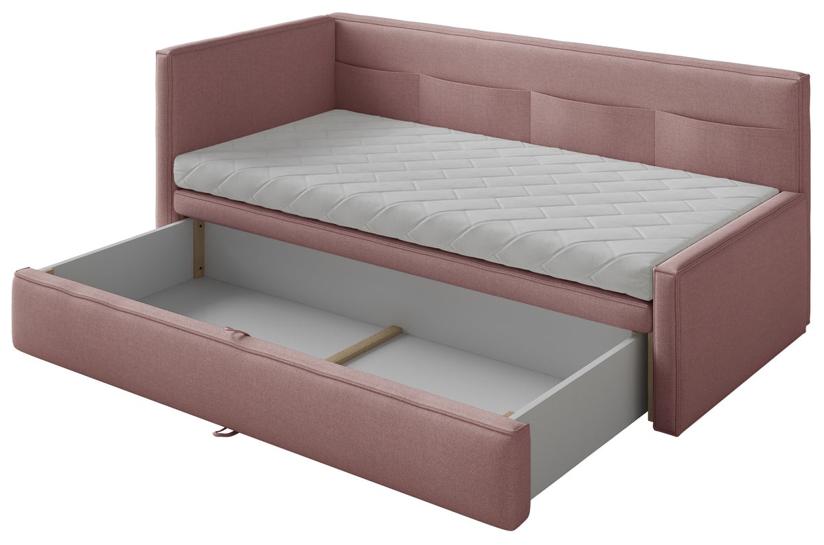 Jugendbett 90x200 cm Nesmi linksseitig mit Stauraum, dirty pink Chenille, pflegeleicht