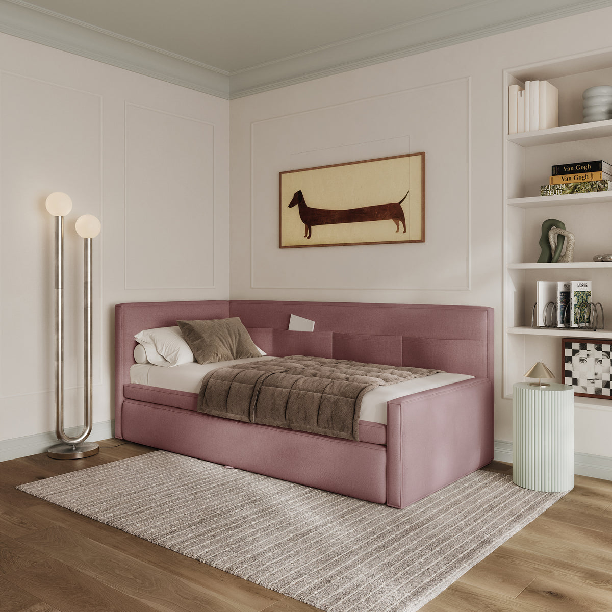 Jugendbett 90x200 cm Nesmi linksseitig mit Stauraum, dirty pink Chenille, pflegeleicht