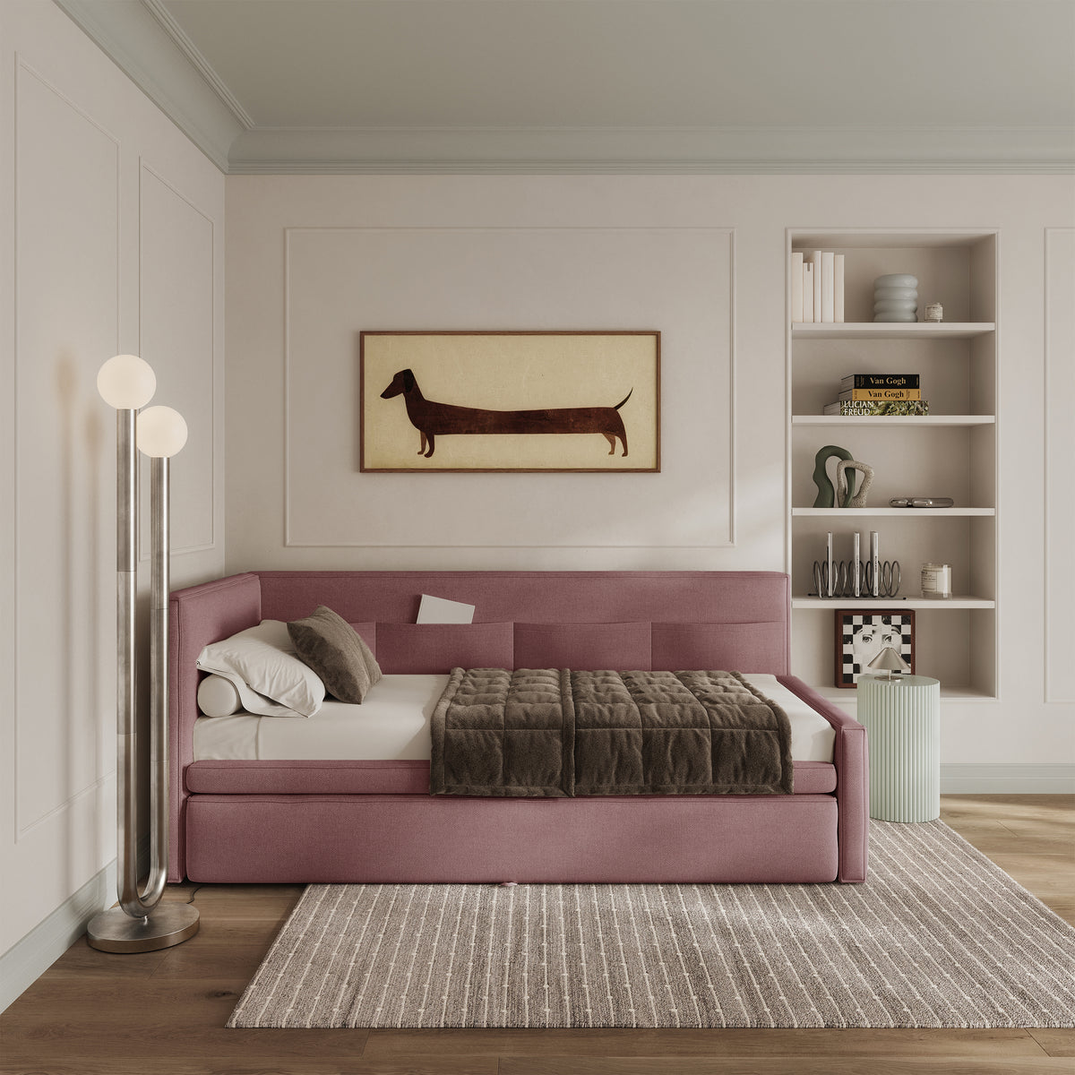 Jugendbett 90x200 cm Nesmi linksseitig mit Stauraum, dirty pink Chenille, pflegeleicht