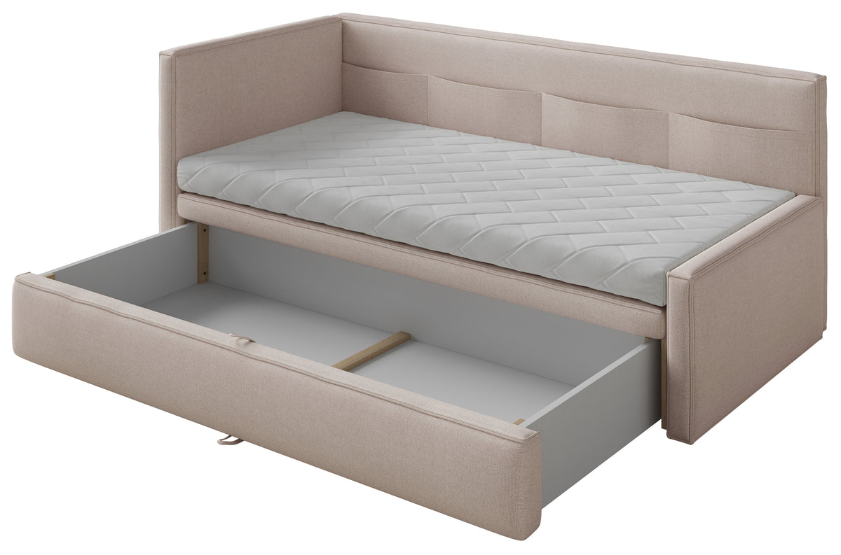 Jugendbett 90x200 cm Nesmi linksseitig mit Stauraum, beige Chenille, pflegeleicht