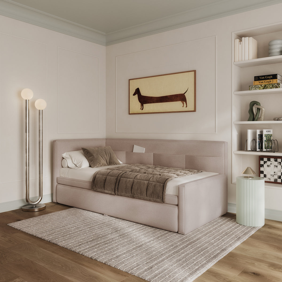 Jugendbett 90x200 cm Nesmi linksseitig mit Stauraum, beige Chenille, pflegeleicht