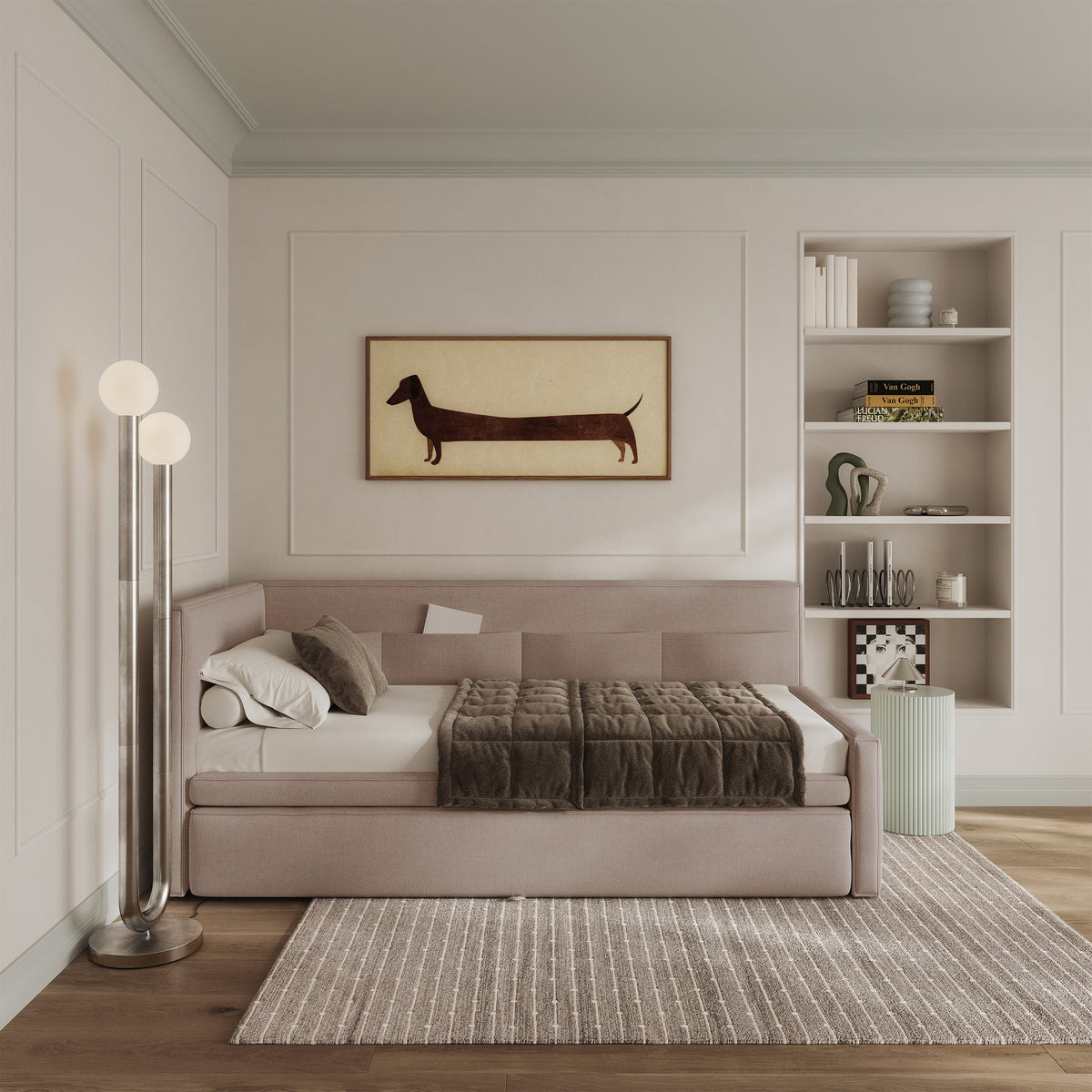 Jugendbett 90x200 cm Nesmi linksseitig mit Stauraum, beige Chenille, pflegeleicht