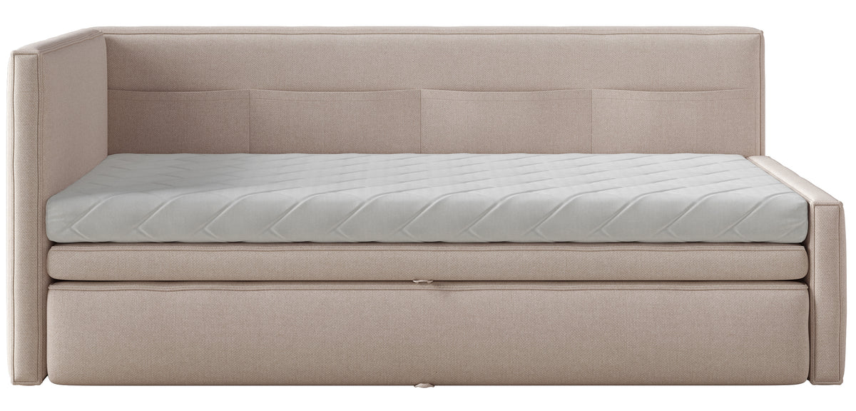 Jugendbett 90x200 cm Nesmi linksseitig mit Stauraum, beige Chenille, pflegeleicht