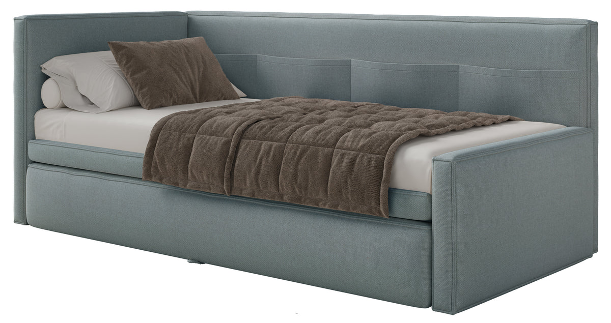 Jugendbett 90x200 cm Nesmi linksseitig mit Stauraum, blau, pflegeleichter Chenille