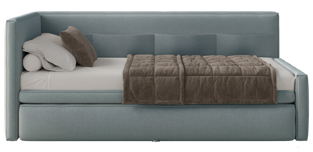 Jugendbett 90x200 cm Nesmi linksseitig mit Stauraum, blau, pflegeleichter Chenille
