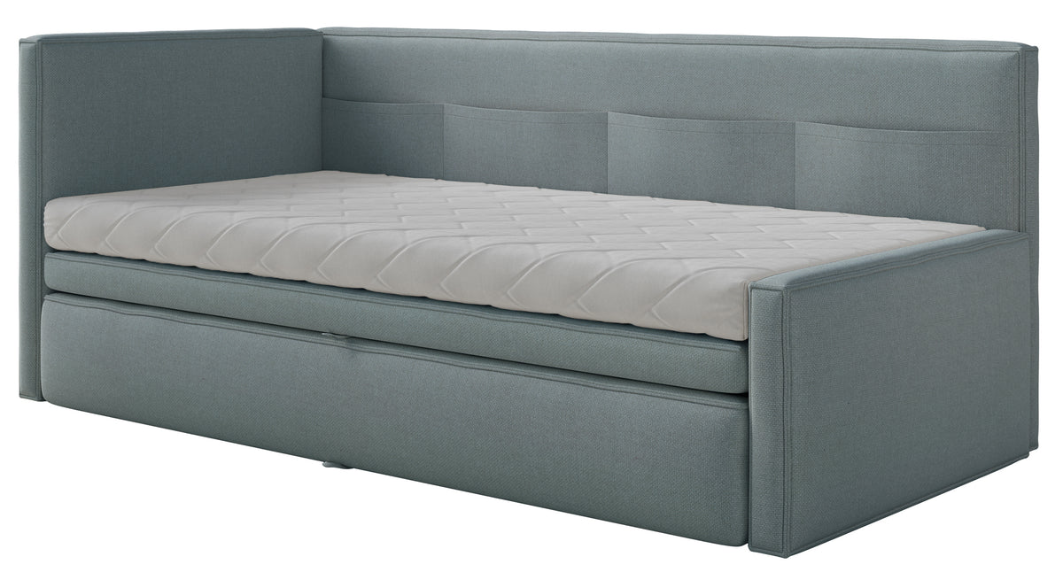 Jugendbett 90x200 cm Nesmi linksseitig mit Stauraum, blau, pflegeleichter Chenille