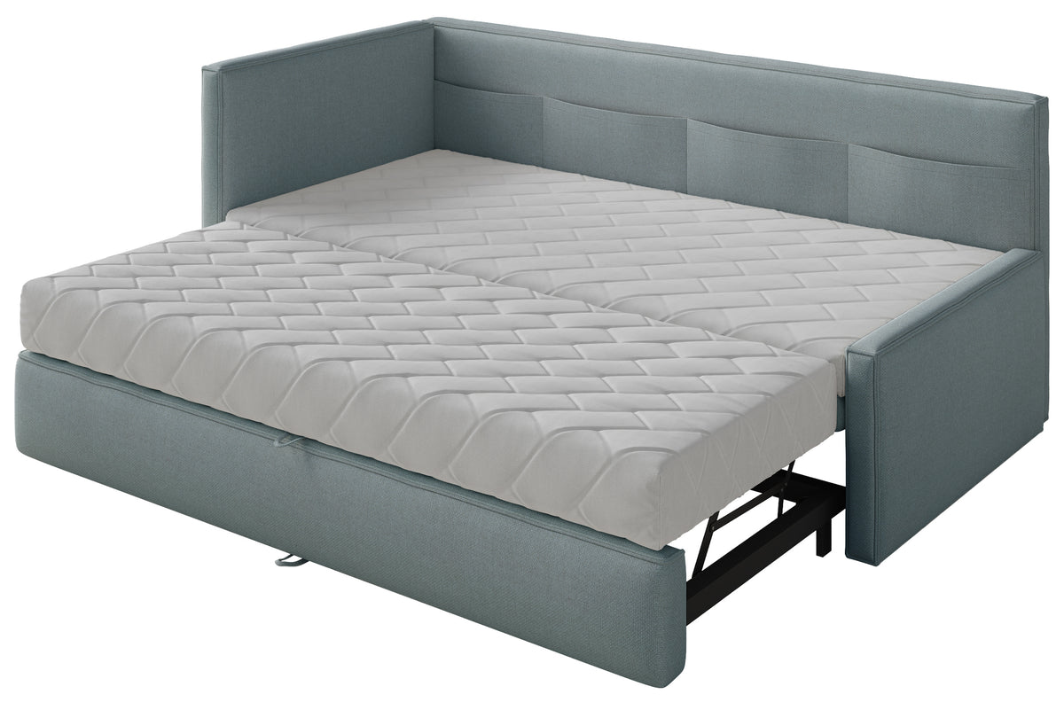 Jugendbett 90x200 cm Nesmi, ausziehbar, linksseitig, mit Matratzen, blaue Chenille, pflegeleicht