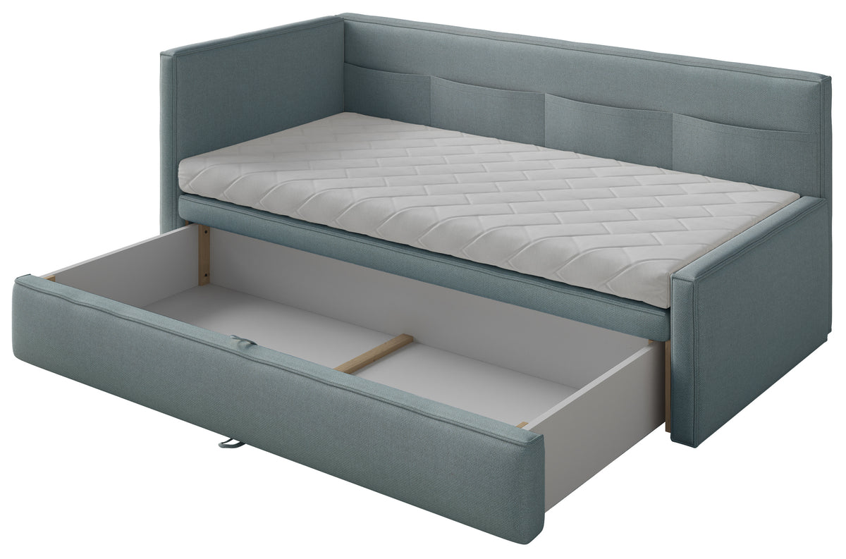 Jugendbett 90x200 cm Nesmi linksseitig mit Stauraum, blau, pflegeleichter Chenille
