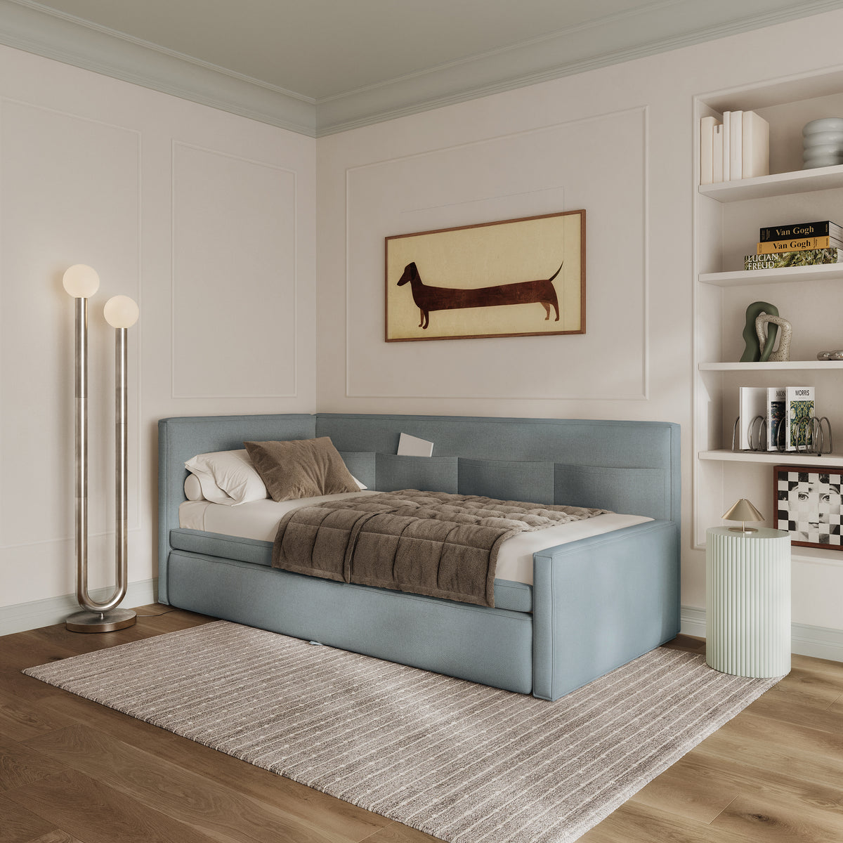 Jugendbett 90x200 cm Nesmi linksseitig mit Stauraum, blau, pflegeleichter Chenille