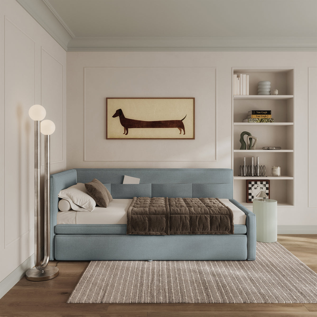 Jugendbett 90x200 cm Nesmi linksseitig mit Stauraum, blau, pflegeleichter Chenille