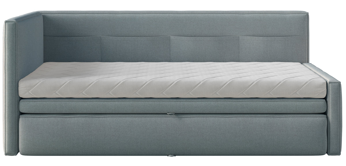 Jugendbett 90x200 cm Nesmi linksseitig mit Stauraum, blau, pflegeleichter Chenille