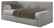 Jugendbett 90x200 cm Nesmi linksseitig mit Stauraum, hellgrauer Chenille, pflegeleicht