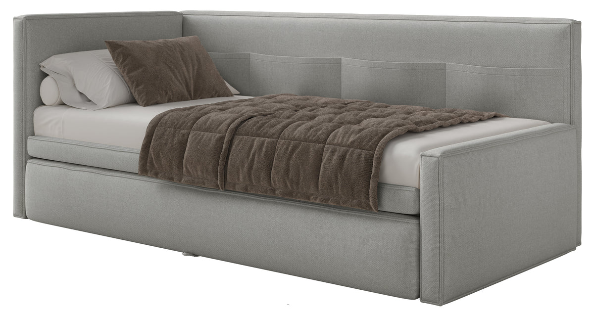 Jugendbett 90x200 cm Nesmi linksseitig mit Stauraum, hellgrauer Chenille, pflegeleicht