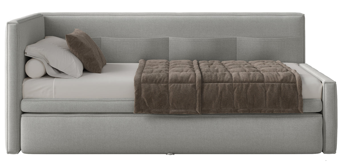 Jugendbett 90x200 cm Nesmi linksseitig mit Stauraum, hellgrauer Chenille, pflegeleicht