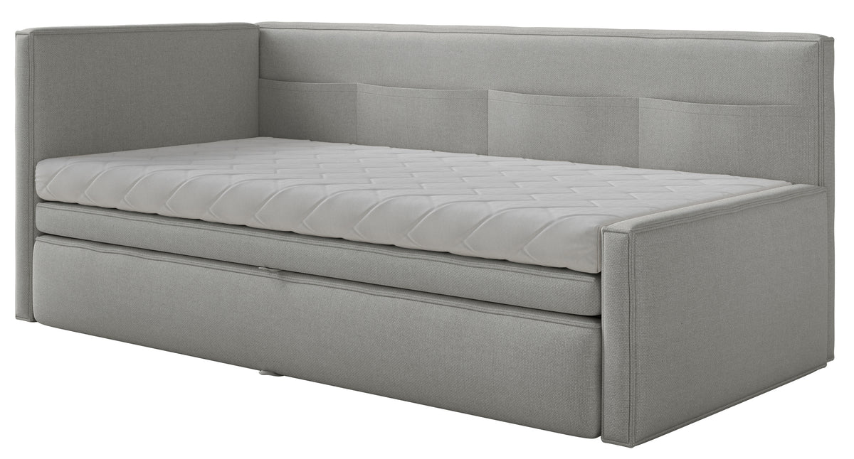 Jugendbett 90x200 cm Nesmi linksseitig mit Stauraum, hellgrauer Chenille, pflegeleicht