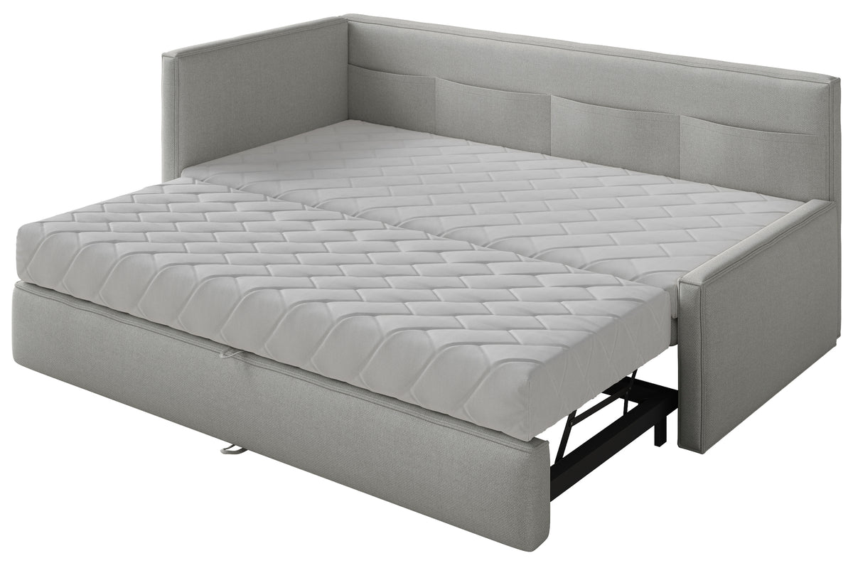 Jugendbett 90x200 cm Nesmi, links ausziehbar, mit hellgrauen, pflegeleichten Chenille-Matratzen