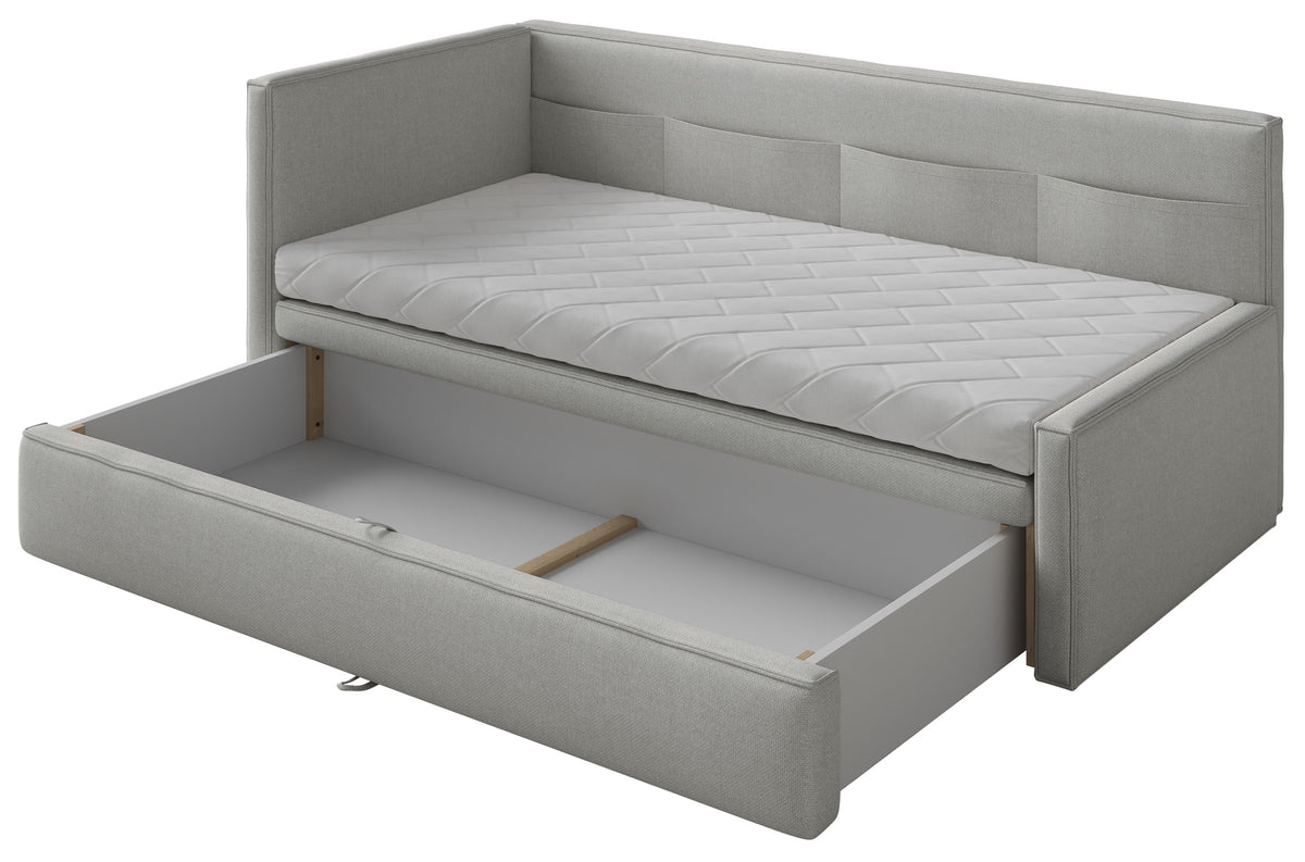 Jugendbett 90x200 cm Nesmi linksseitig mit Stauraum, hellgrauer Chenille, pflegeleicht
