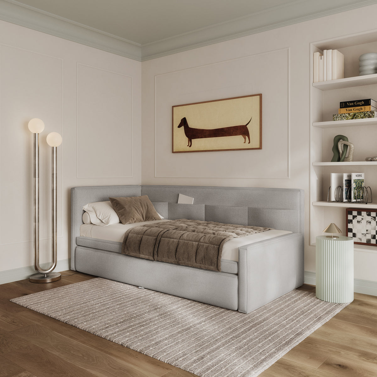 Jugendbett 90x200 cm Nesmi linksseitig mit Stauraum, hellgrauer Chenille, pflegeleicht