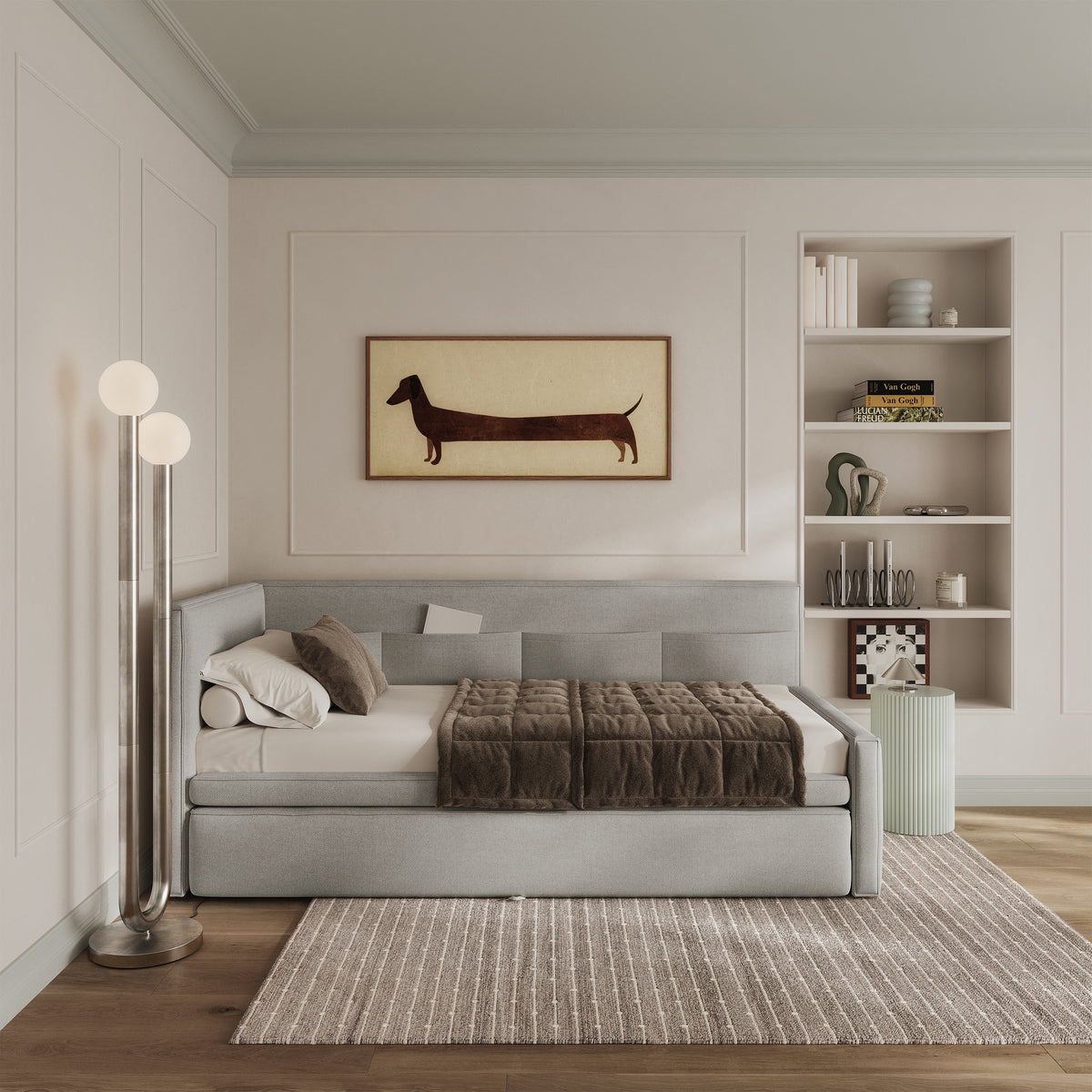 Jugendbett 90x200 cm Nesmi linksseitig mit Stauraum, hellgrauer Chenille, pflegeleicht