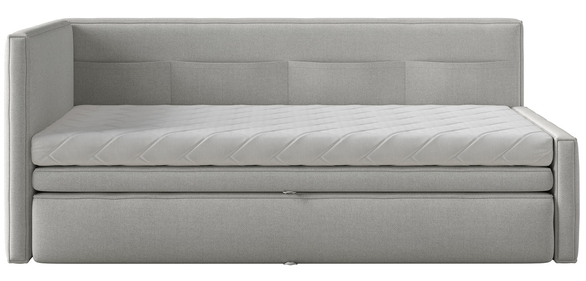 Jugendbett 90x200 cm Nesmi linksseitig mit Stauraum, hellgrauer Chenille, pflegeleicht
