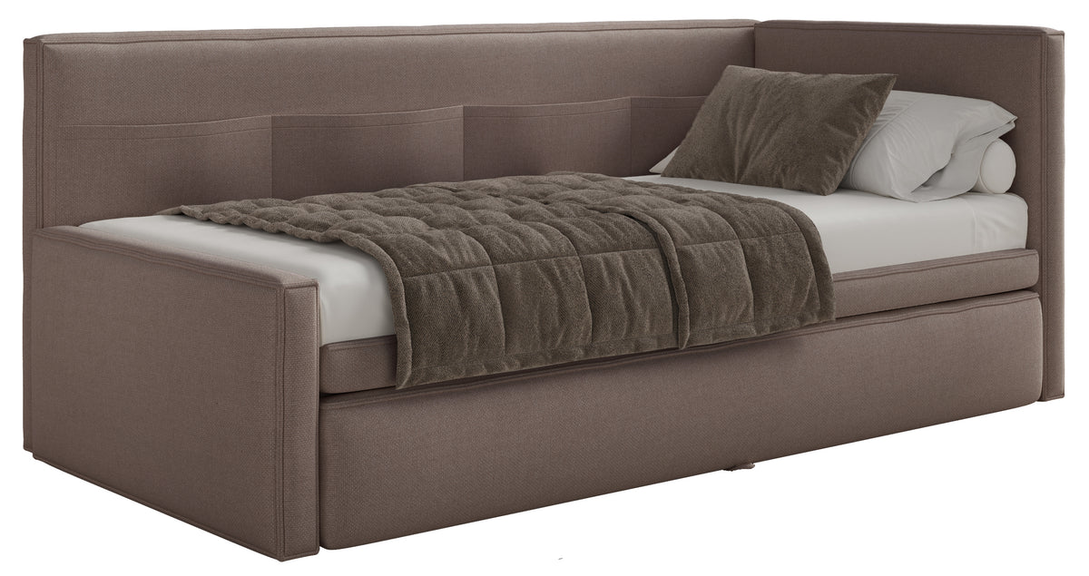 Jugendbett 90x200 cm Nesmi rechtsseitig mit Stauraum hellbrauner Chenille, pflegeleicht